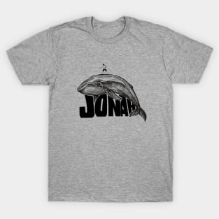Jonah surfing a whale, funny meme black text T-Shirt